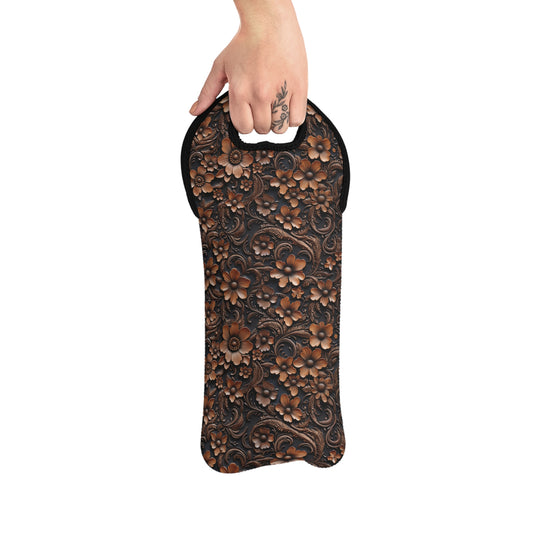Tooled Deep Brown Leather Flowers Print Design Wine Tote Bag Reusable Eco Friendly