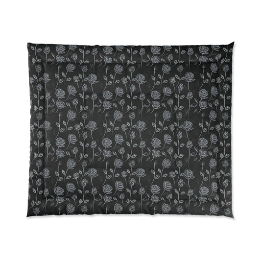 Contrasting Elegance: White Outlined Roses on a Black Background - Comforter 4 Sizes