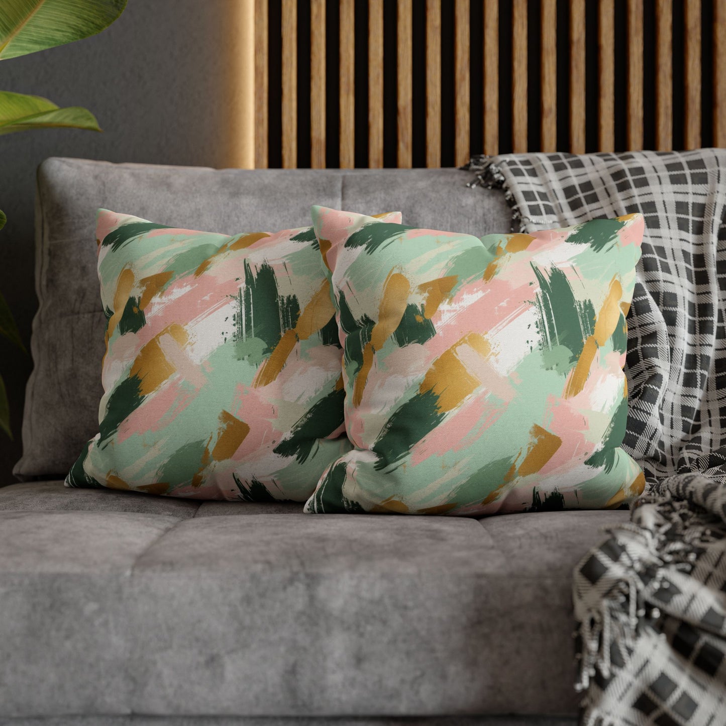 Spring Brushstrokes Abstract in Light Green, Pink, and Gold Spun Polyester Square Pillowcase 4 Sizes