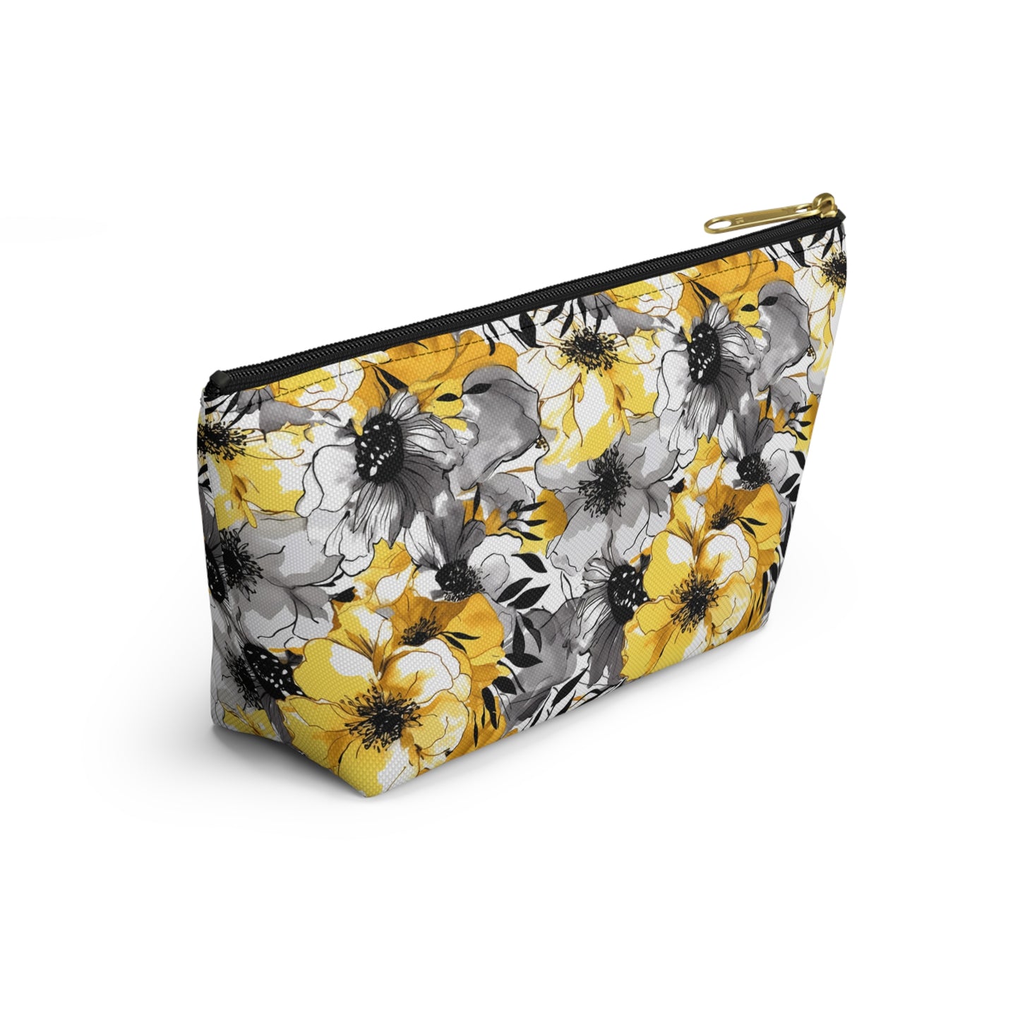 Soothing Radiance: Large Yellow and Grey Watercolor Flower Design - Makeup & Accessory Bag 2 Sizes