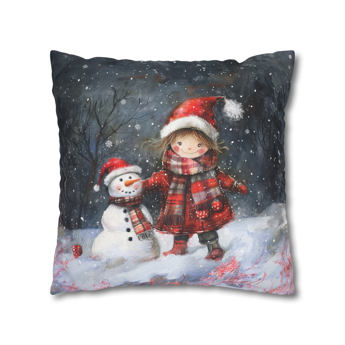 Little Girl and Snowman Sharing Winter's Wonder Spun Polyester Square Pillowcase 4 Sizes