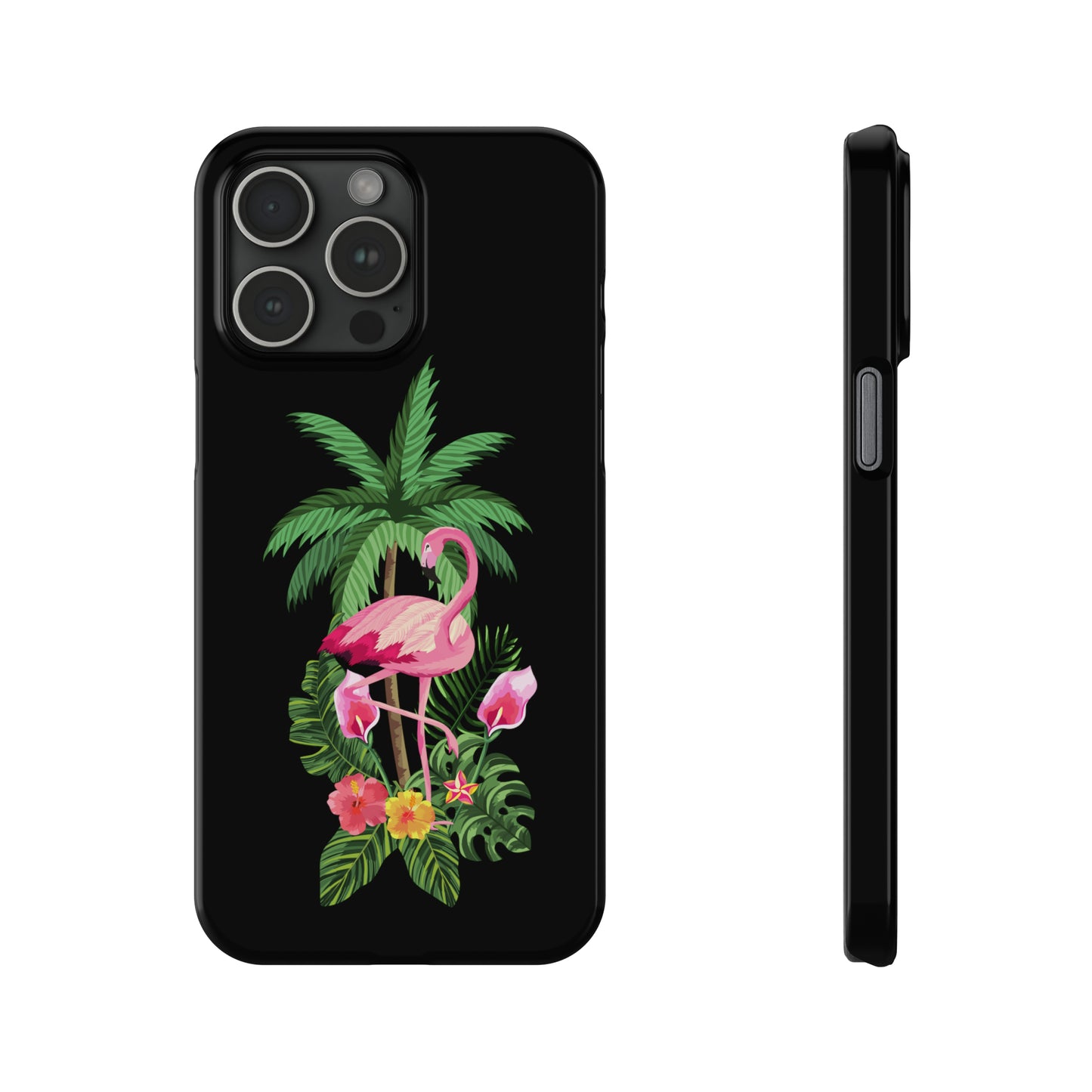 Tropical Pink Flamingo and Flowers Black Background Iphone 15-12 Slim Phone Case