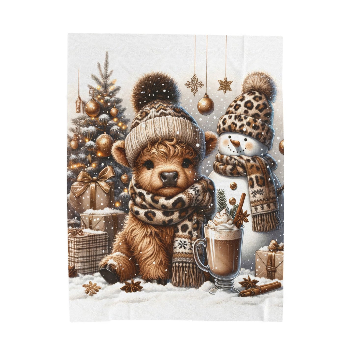 Cute Baby Highland Cow Christmas Trees Presents Leopard Velveteen Plush Blanket 3 Sizes