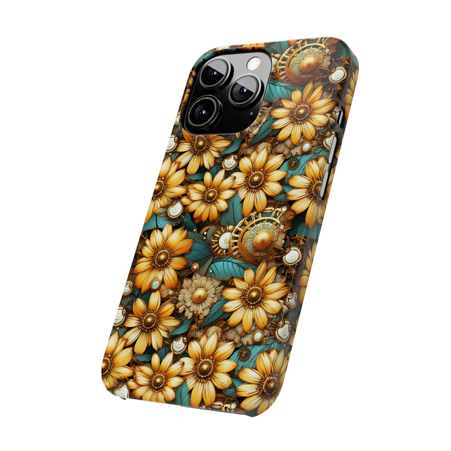 Victorian Steampunk Gold Flowers Teal Background with Gears and Mechanical Elements Iphone 15-12 Slim Phone Case