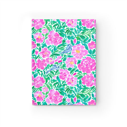 Springtime Whispers: Tiny Birds and Pink Blooms, Subtle Blue Accents, and Lush Green Leaves Hardcover Ruled Line Journal