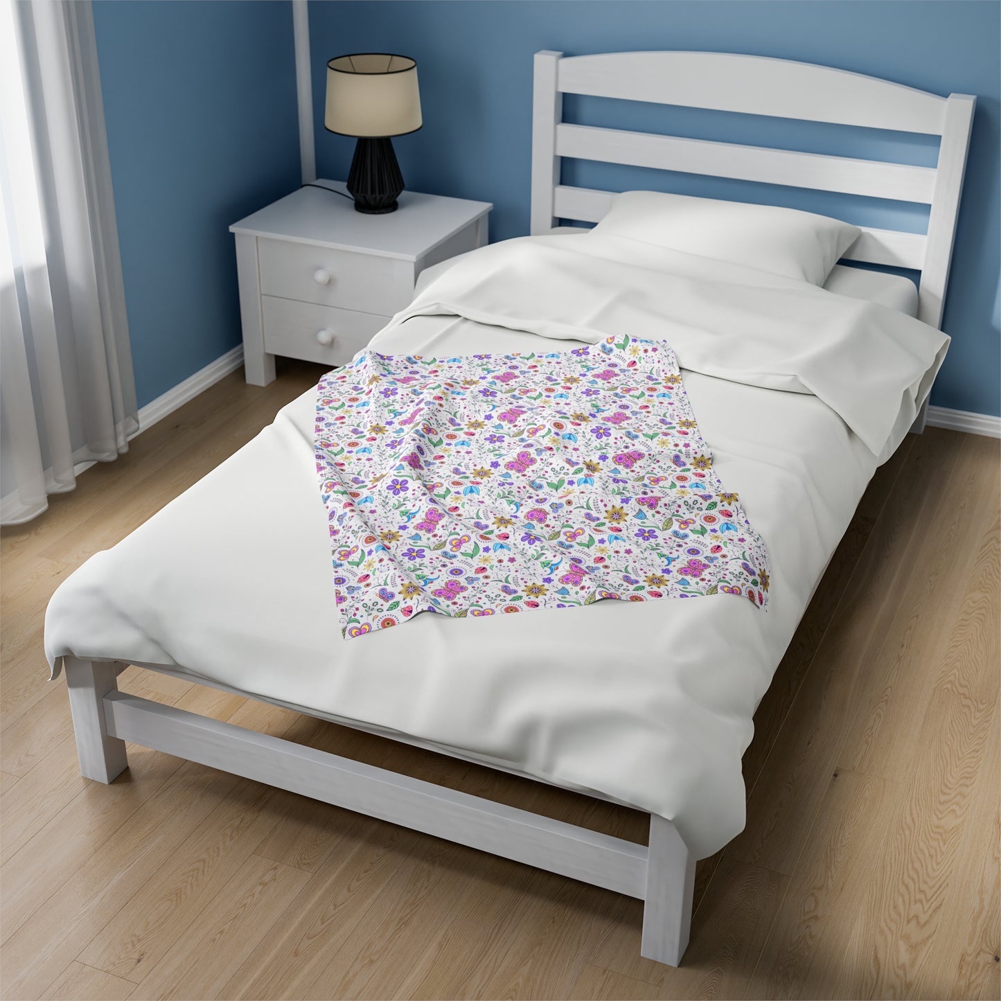 Whimsical Flutter: Kids' Enchanted Butterflies and Blooming Flowers Velveteen Plush Blanket 3 Sizes