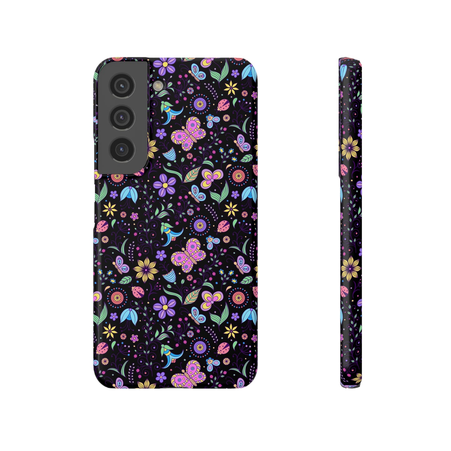 Butterflies and Flowers on Black Background Samsung Slim Cases