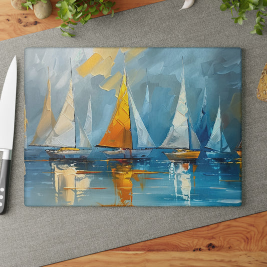 Sailboats Gliding on the Open Sea, Bathed in the Warm Glow of the Setting Sun Cutting Board 2 Sizes