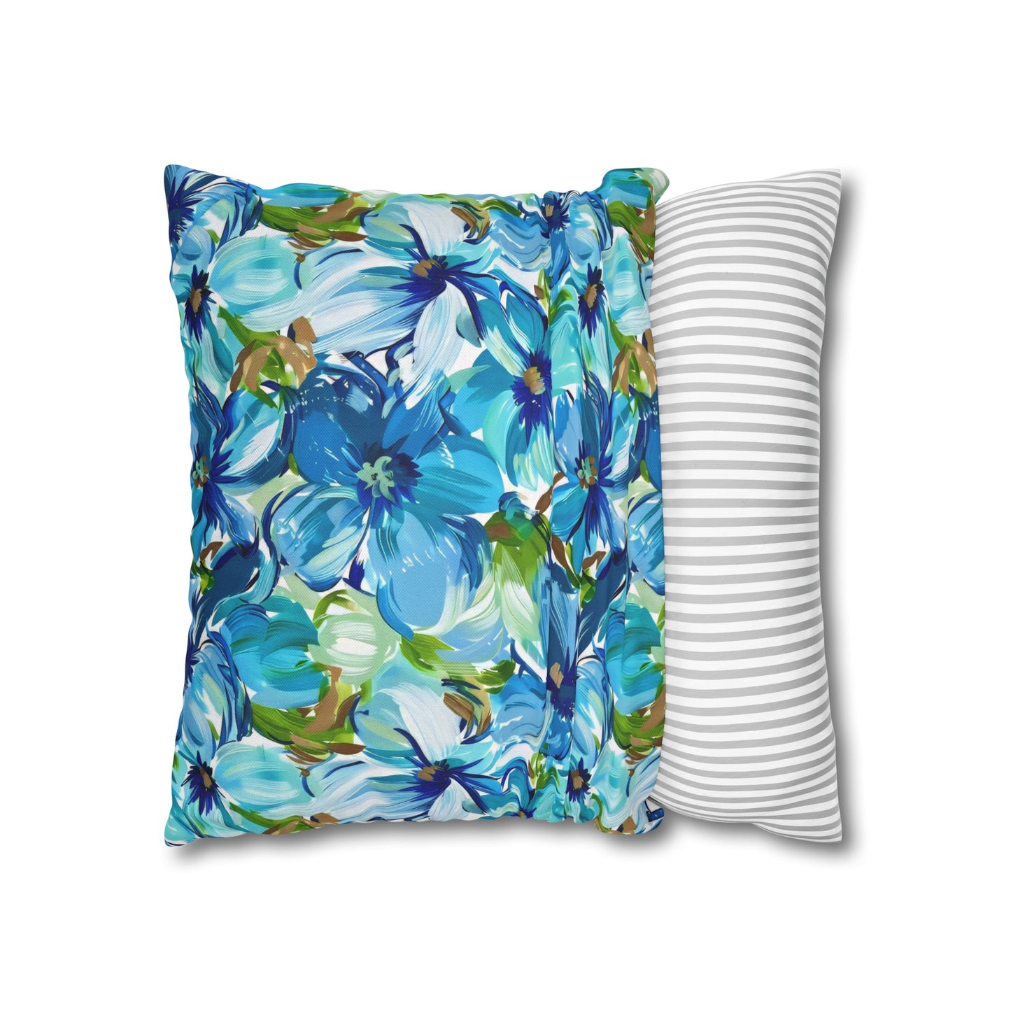 Large Blue Watercolor Flowers with Gentle Accents of Brown and Green Spun Polyester Square Pillowcase 4 Sizes