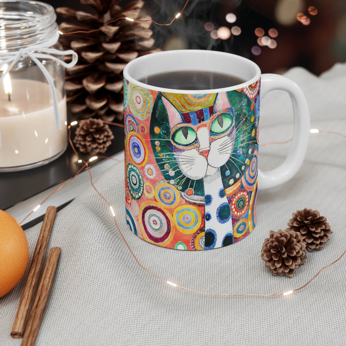 Whimsical Retro Flowers and Green Eyed Cat in Style of Klimt  - 11 oz Coffee