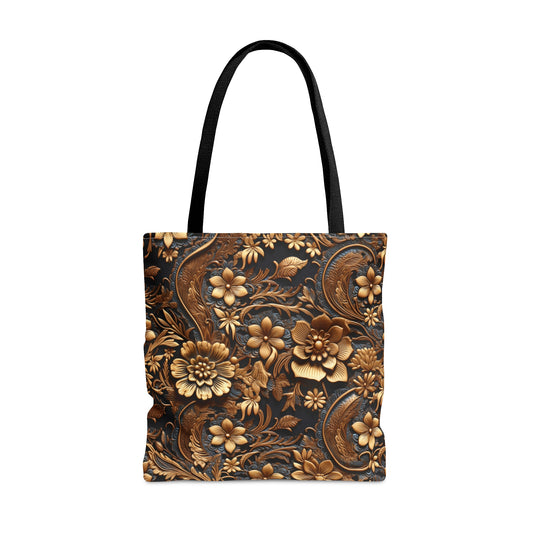 Tooled Leather Large Gold Flowers with Blue Leaf Swirl Accents Print Design  - Canvas Tote 3 Sizes