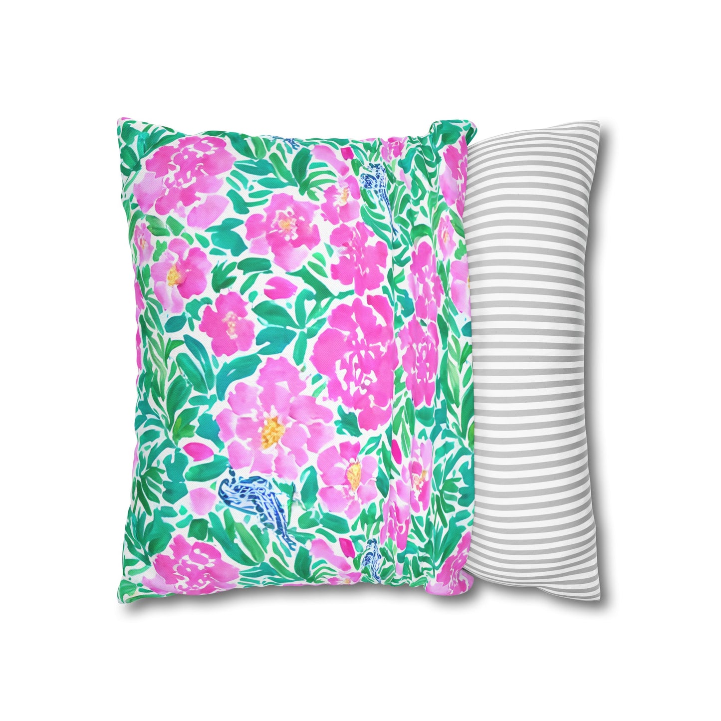 Springtime Whispers: Tiny Birds and Pink Blooms, Subtle Blue Accents, and Lush Green Leaves Spun Polyester Square Pillowcase 4 Sizes