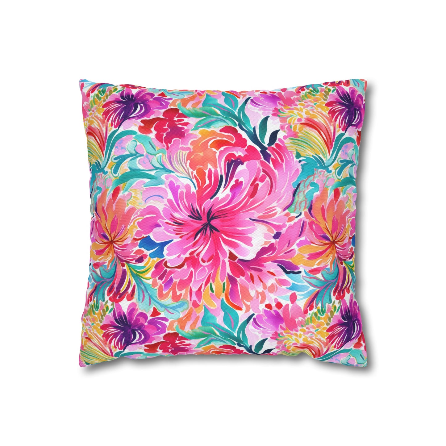 Rainbow Tropics: Watercolor Flowers in Vibrant Pink, Green and Orange Hues Spun Polyester Square Pillowcase 4 Sizes