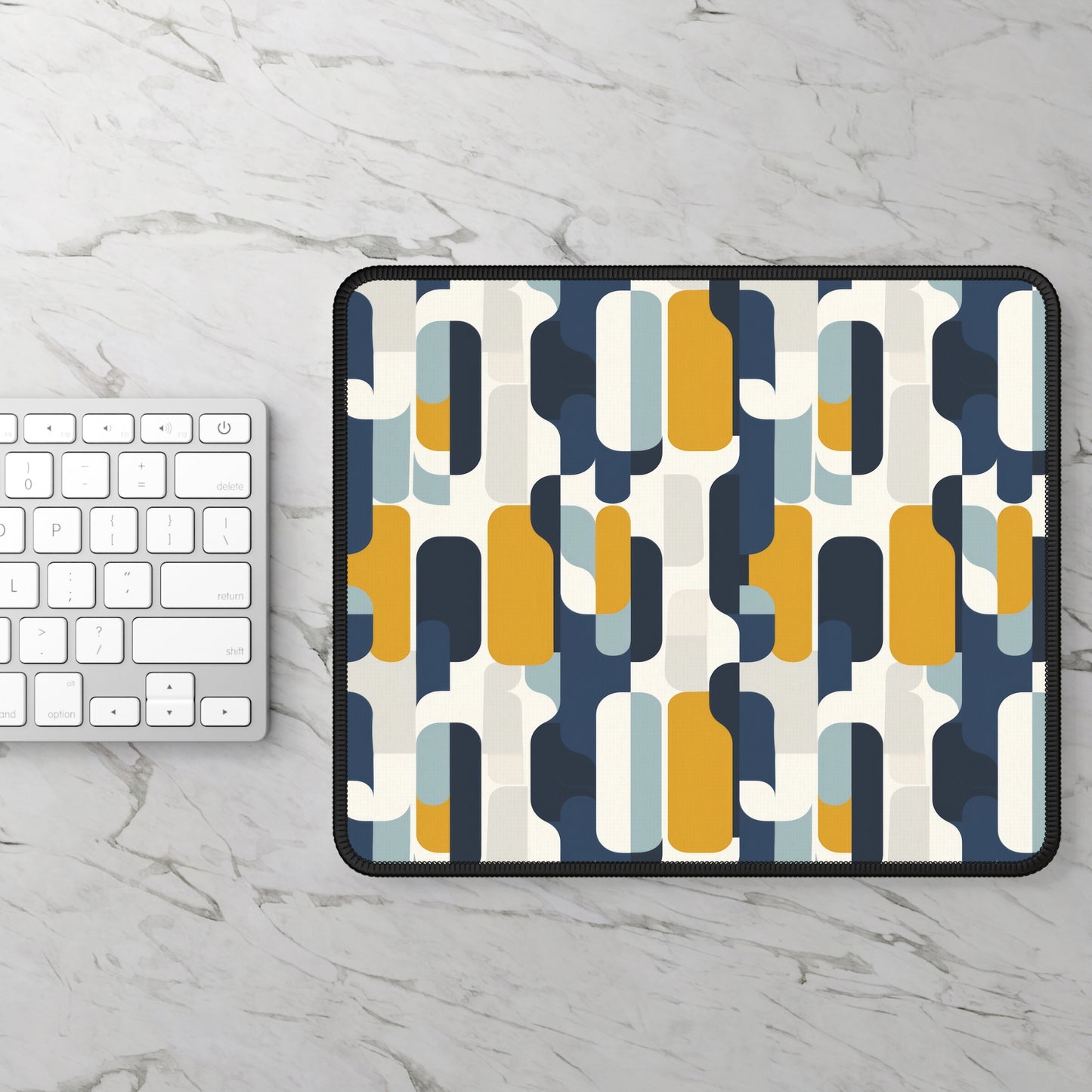 Modern Retro with Bold Geometric Pattern in Mustard and Navy Gaming Mouse Pad with Finished Edges