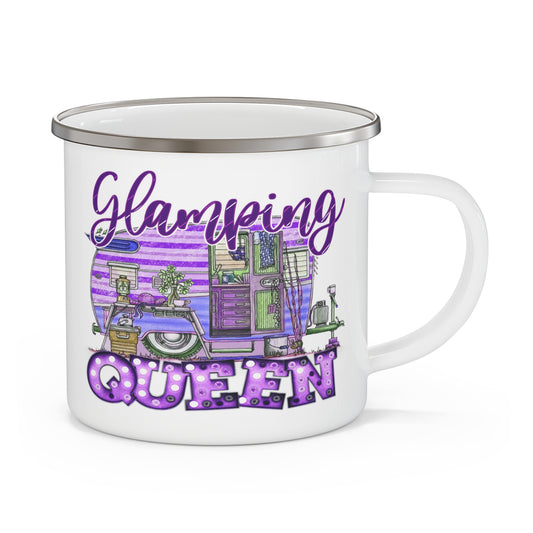 Glamping Queen with Retro Camping Trailer in Purple - 12oz Enamel Camping Mug