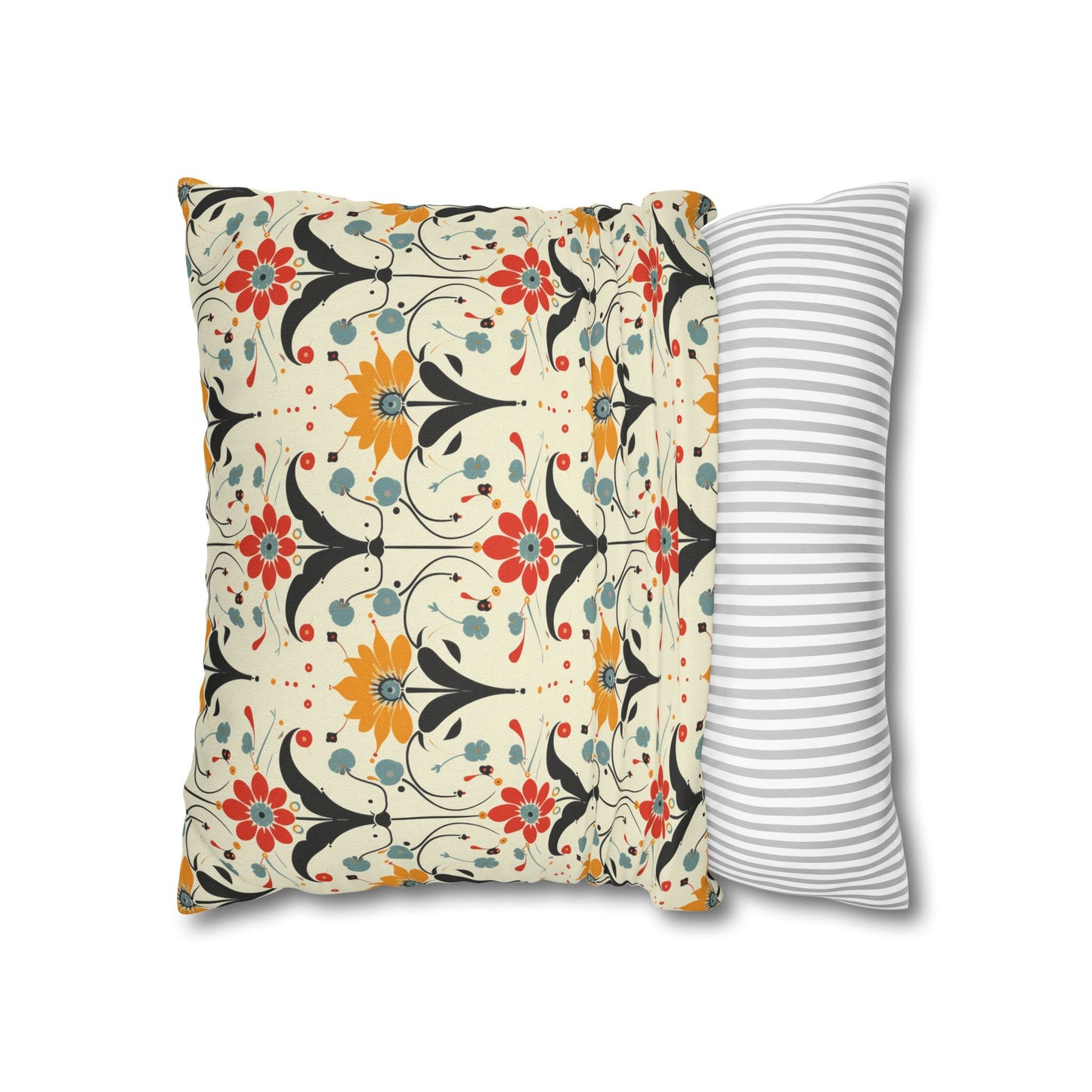 Whimsical Retro Garden in Muted Yellow, Red and Blues Spun Polyester Square Pillowcase 4 Sizes