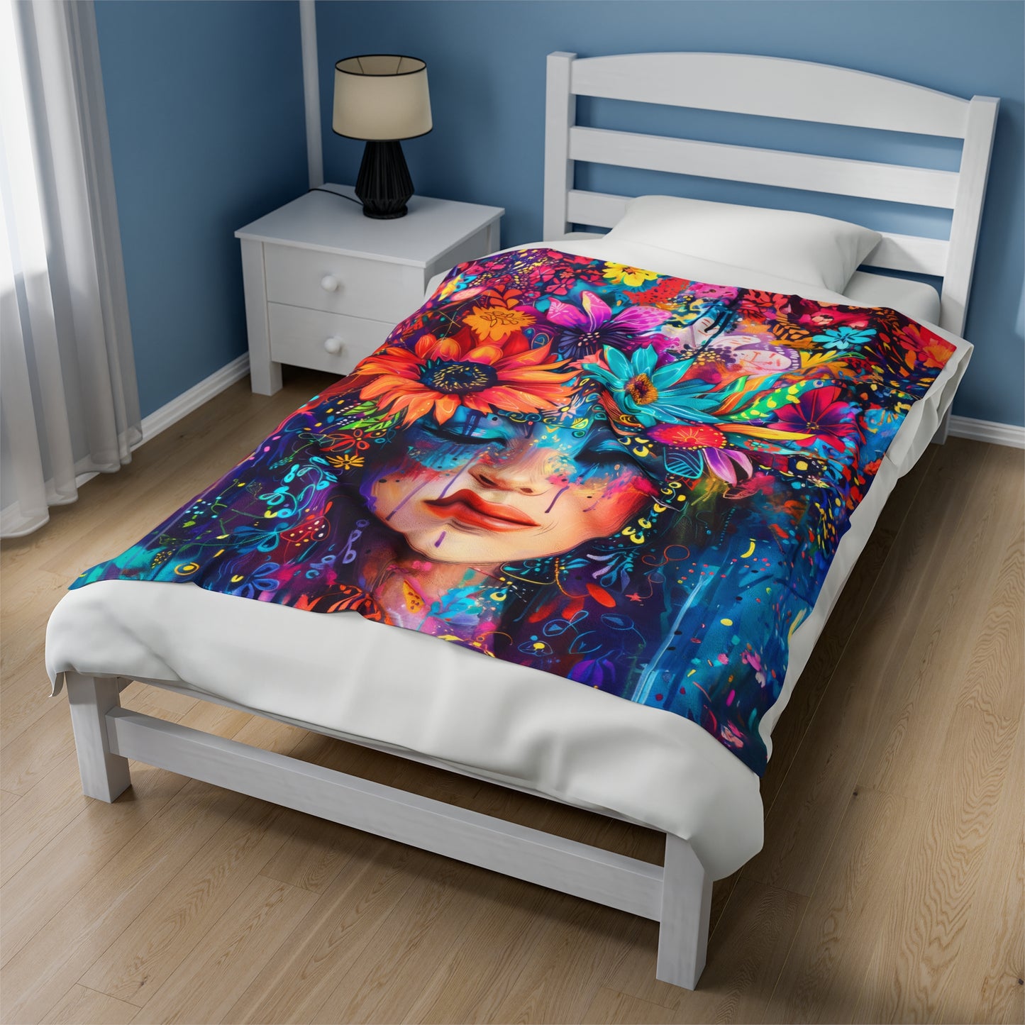 Electric Boho: Neon Flower Girl in Vibrant Hues Velveteen Plush Blanket 3 Sizes