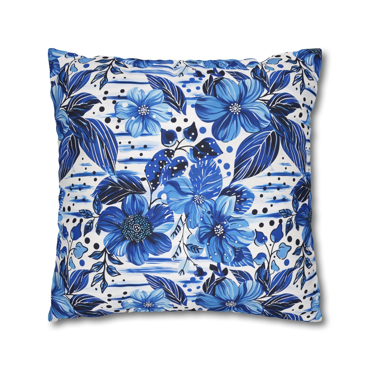 Floral Symphony in Shades of Blue, Harmonized with Abstract Lines Spun Polyester Square Pillowcase 4 Sizes