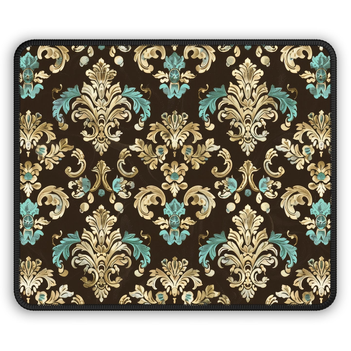 Luxurious Rococo Pattern of Ornate Brown and Teal Floral Scroll Design Gaming Mouse Pad with Finished Edges