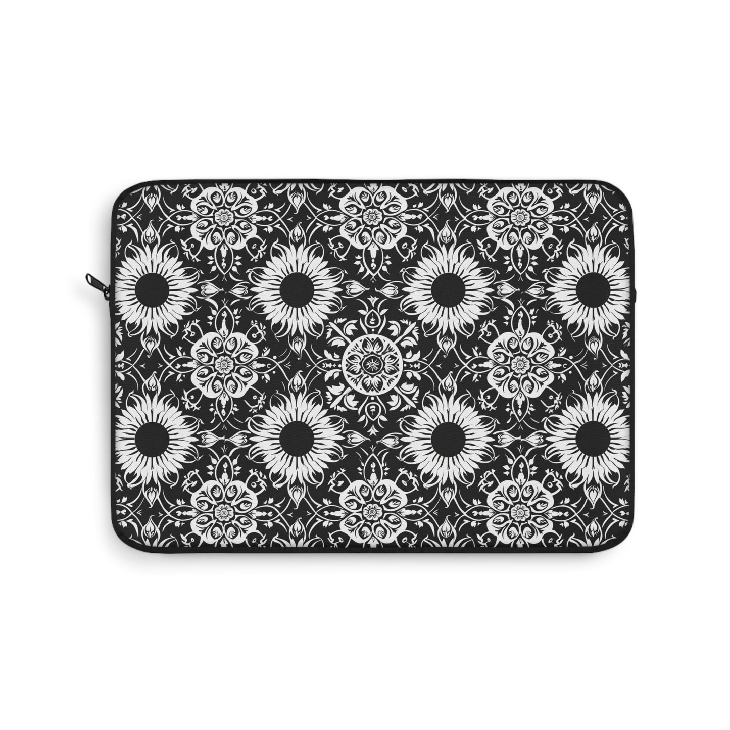 Elegant Mandala Design with Black and White Sunflowers Laptop or Ipad Protective Sleeve 3 Sizes Available