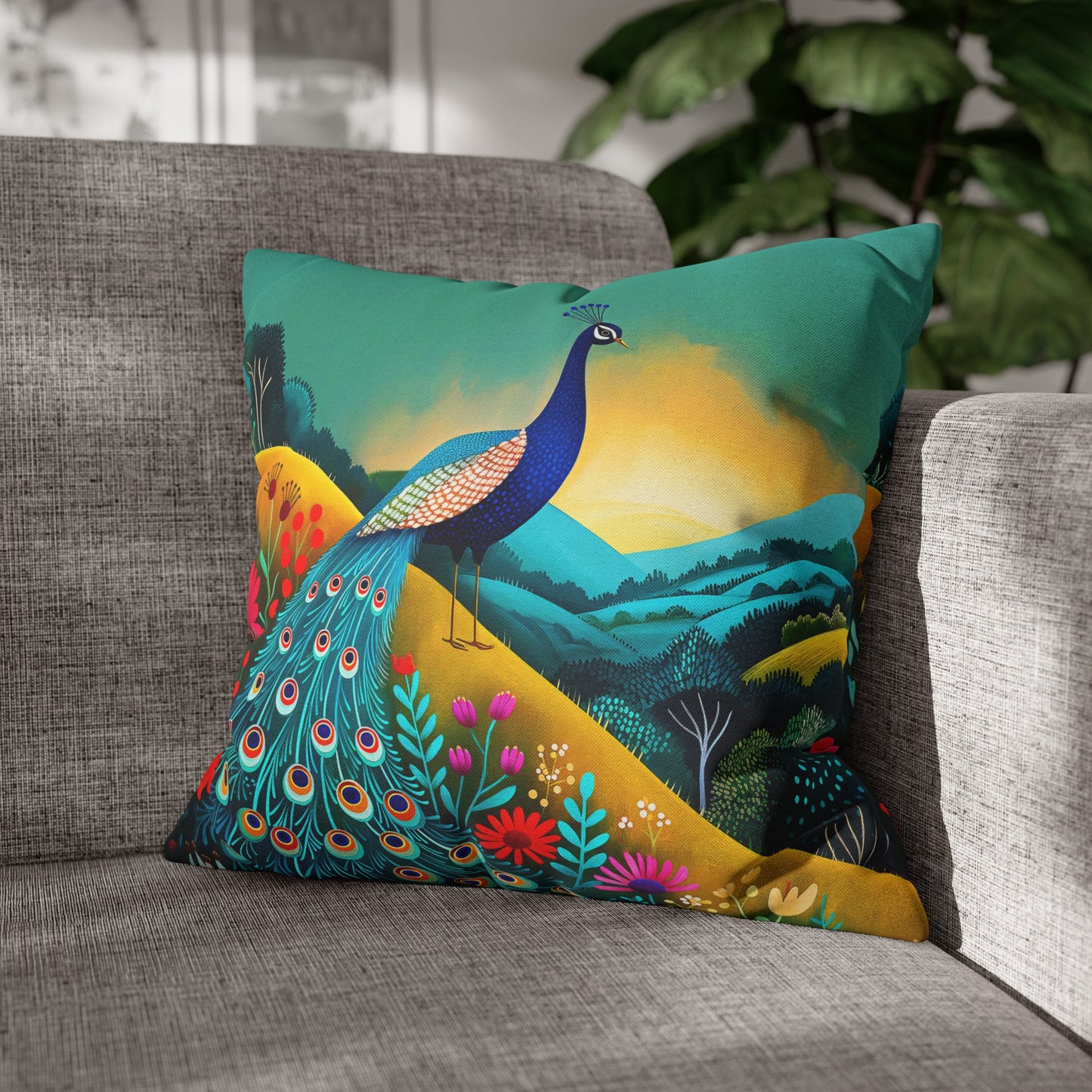 Radiant Peacock with Colorful Enchanted Garden and Sunrise Spun Polyester Square Pillowcase 4 Sizes