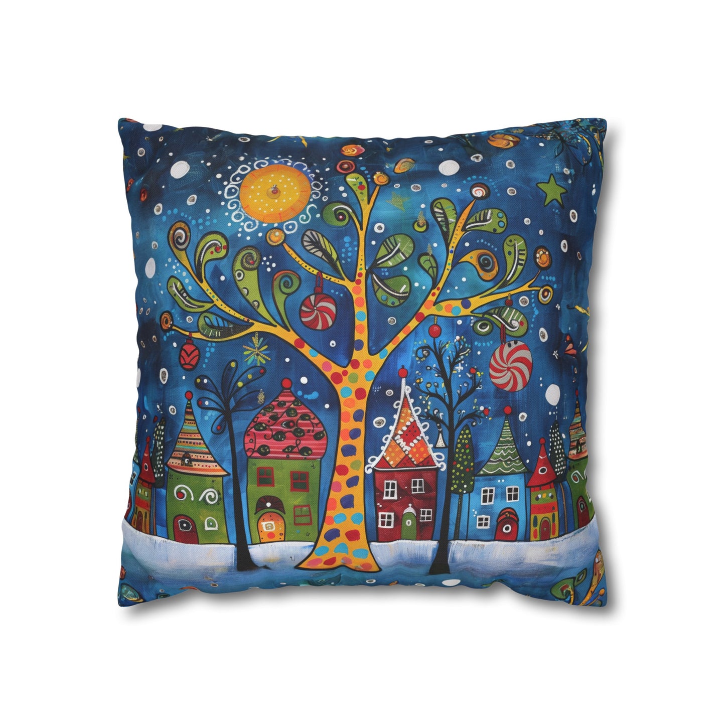 Winter Village Abstract Folk Art Christmas Scene Spun Polyester Square Pillowcase 4 Sizes