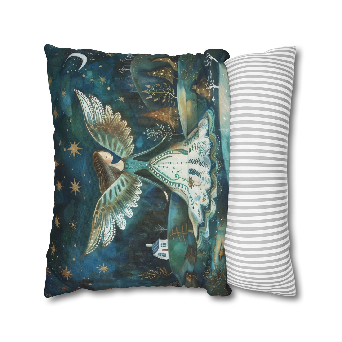 Starry Serenade: Angel in Flowing Dress Amidst a Starry Night Spun Polyester Square Pillowcase 4 Sizes