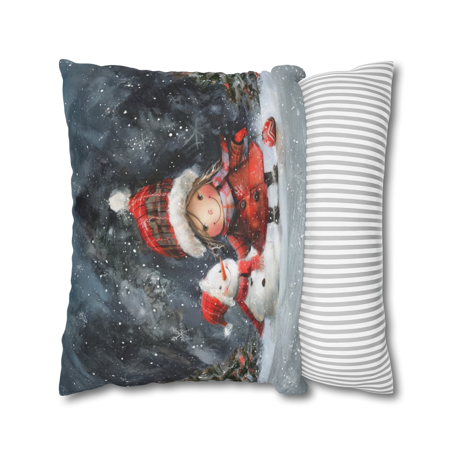 Frosty Friends: Little Girl Standing with Snowman on a Snowy Night Spun Polyester Square Pillowcase 4 Sizes