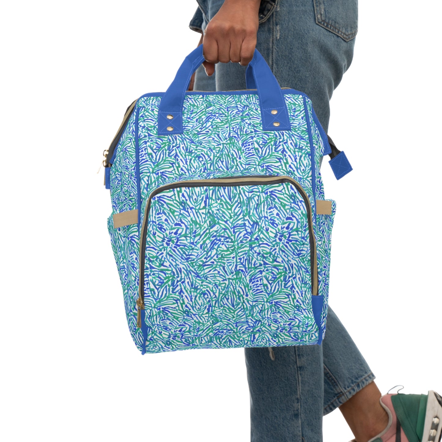 Tropical Fusion: Abstract Palm Leaves in Lime Green and Blue Hues  Multifunctional Diaper Backpack