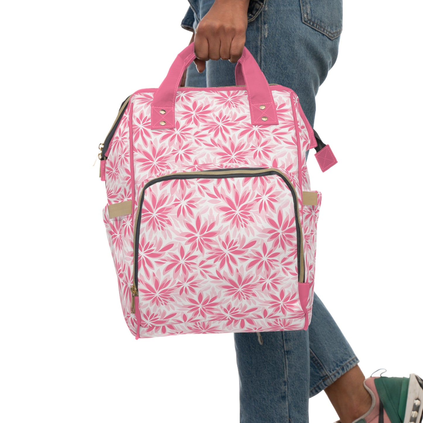 Blush Blooms Soft Pink Floral Pattern Multifunctional Diaper Backpack