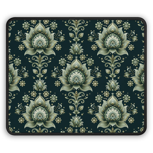 Ornate Green Mandala with Golden Accents on Dark Background Gaming Mouse Pad with Finished Edges