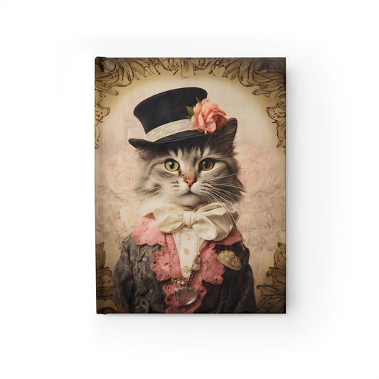 Whimsical Steampunk Feline: Victorian Top Hat and Bow Tie Adorned Cat, Dressed in Pink Lace - Hardcover Ruled Line Journal 5" x 7"