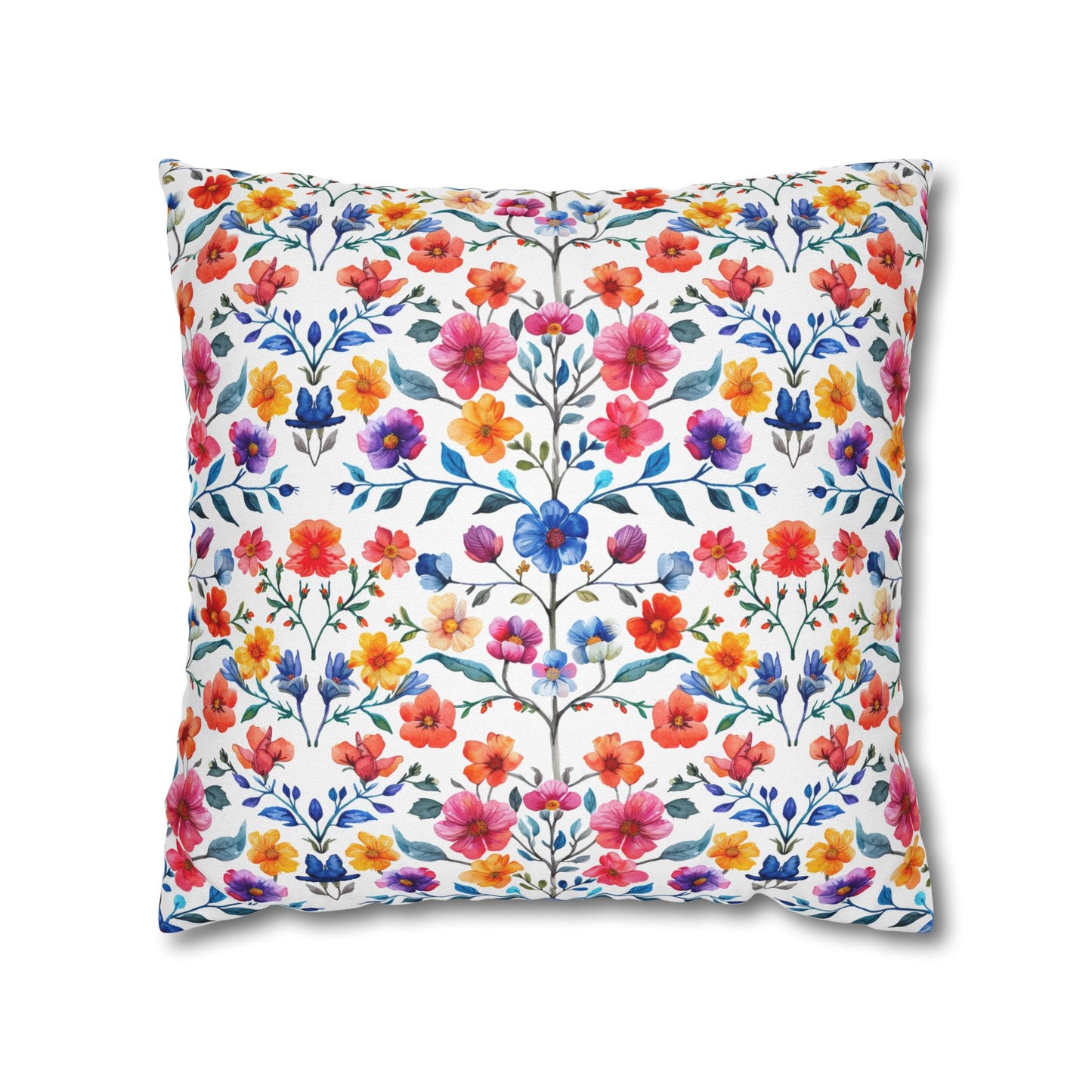 Botanical Symphony with Vibrant Watercolor Flowers  Spun Polyester Square Pillowcase 4 Sizes