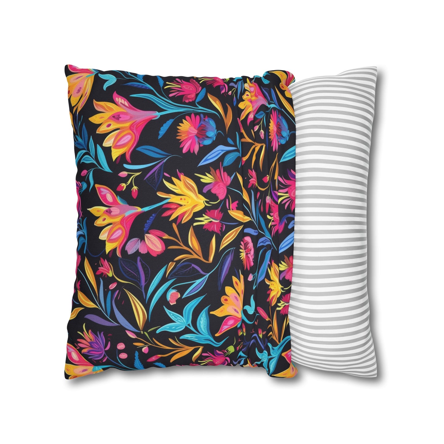 Vibrant Floral Fantasy in Midnight Garden Design Spun Polyester Square Pillowcase 4 Sizes