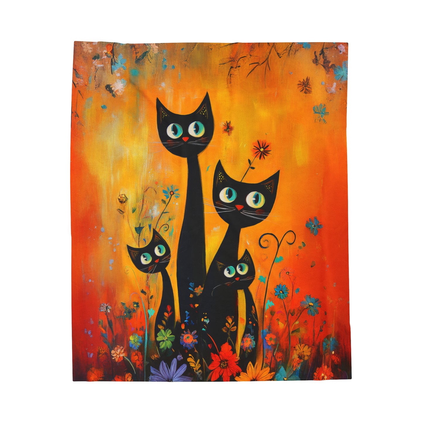 Playful Trio of Black Cats in a Vibrant Flower Garden Velveteen Plush Blanket 3 Sizes