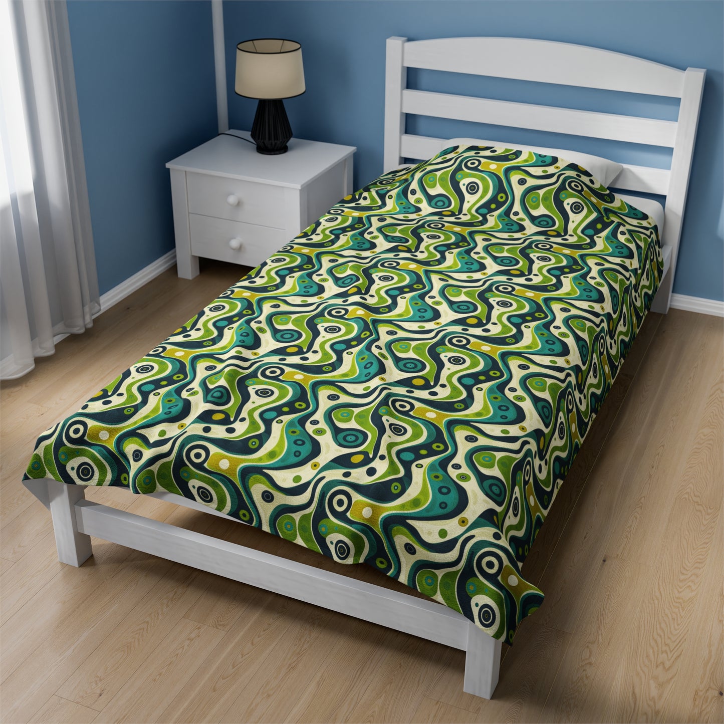 Groovy Retro Greens and Blues Abstract Waves Velveteen Plush Blanket 3 Sizes