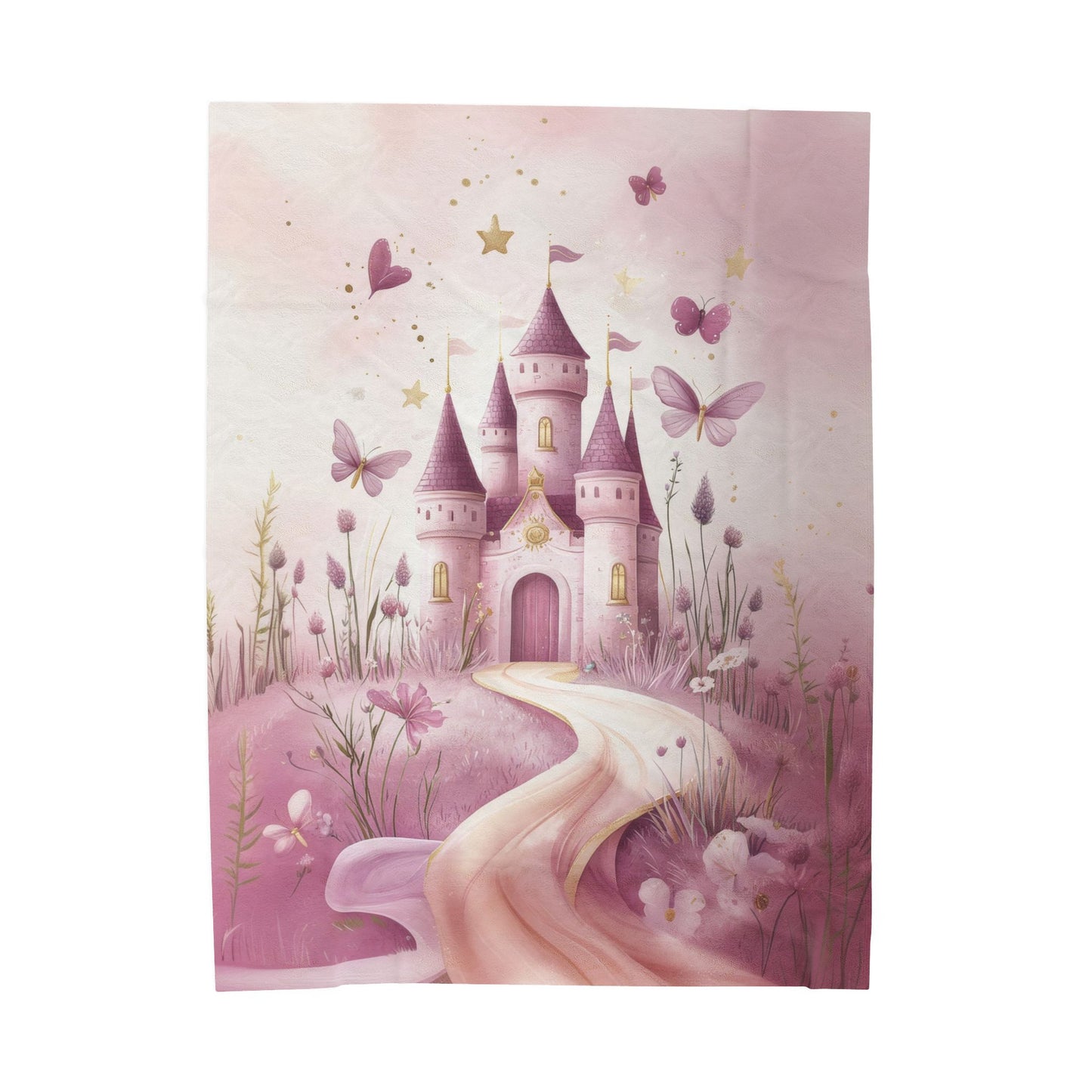 Magical Princess Pink Castle Flowers and Butterflies Velveteen Plush Blanket 3 Sizes