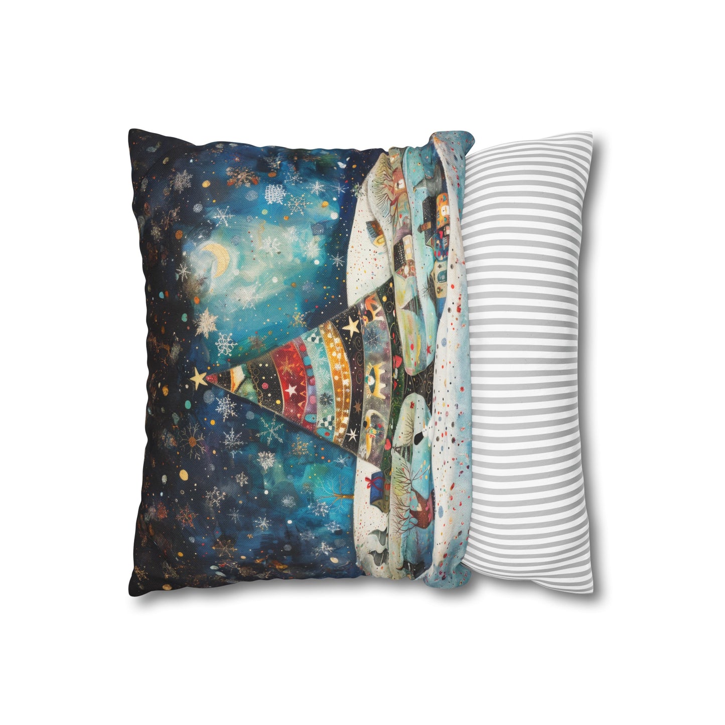 Twilight Treasures: Folk Art Christmas Tree Adorning a Town at Night Spun Polyester Square Pillowcase 4 Sizes