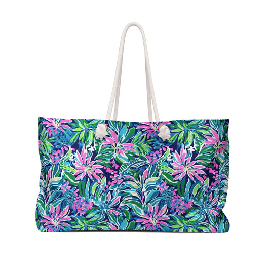 Seaside Blossoms: Coastal Spring Flowers in Pink, Green, and Navy Watercolors Oversized Weekender Bag