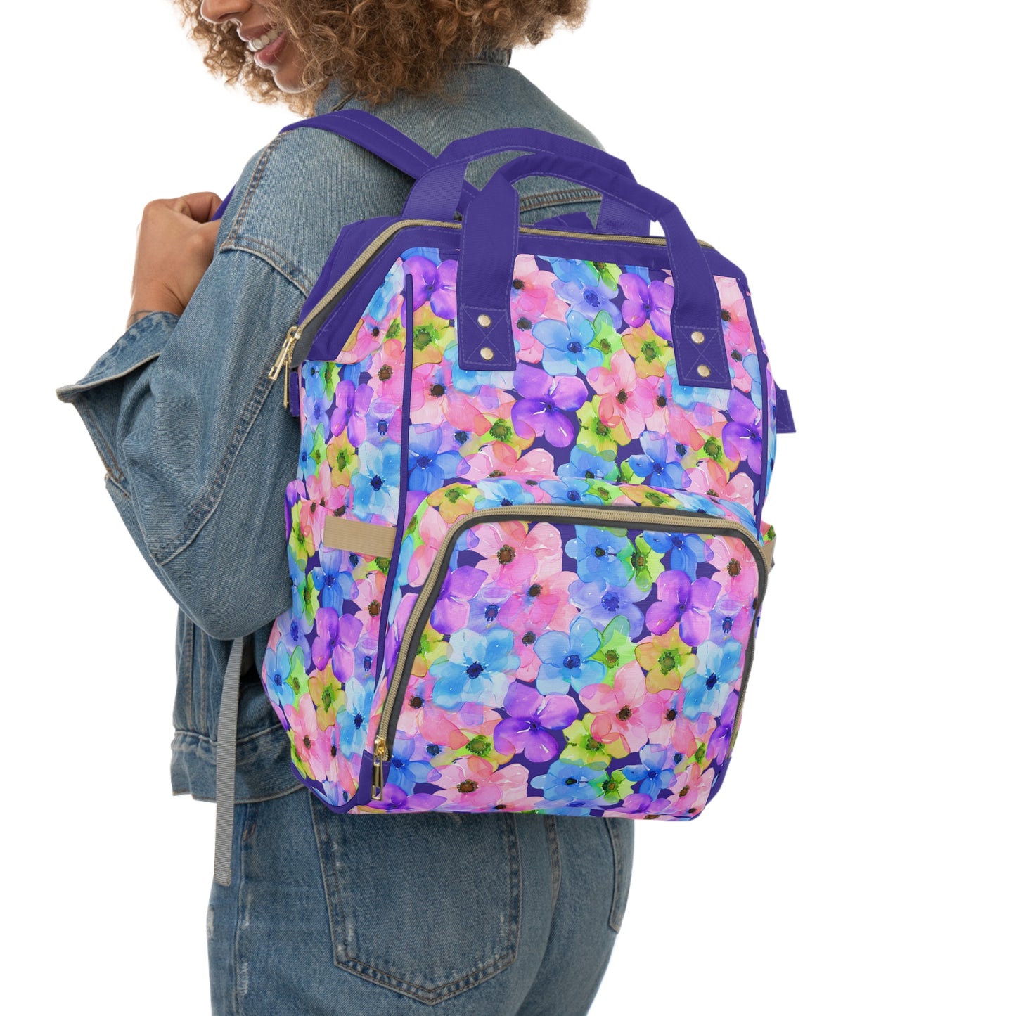 Prismatic Garden: Luminous Pink, Purple, and Blue Blossoms Multifunctional Diaper Backpack