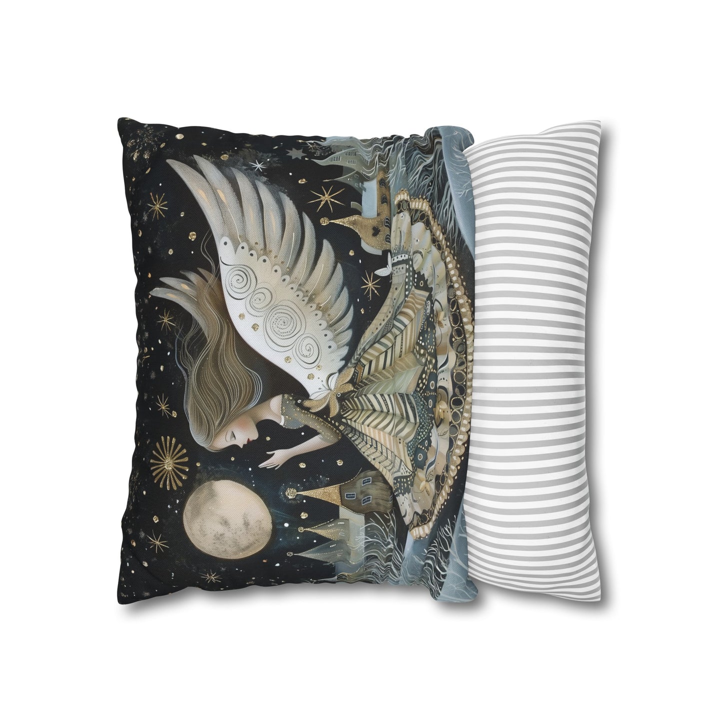 Frosty Angelic Glow: Angel Illuminated by Moonlight on a Snowy Night Spun Polyester Square Pillowcase 4 Sizes