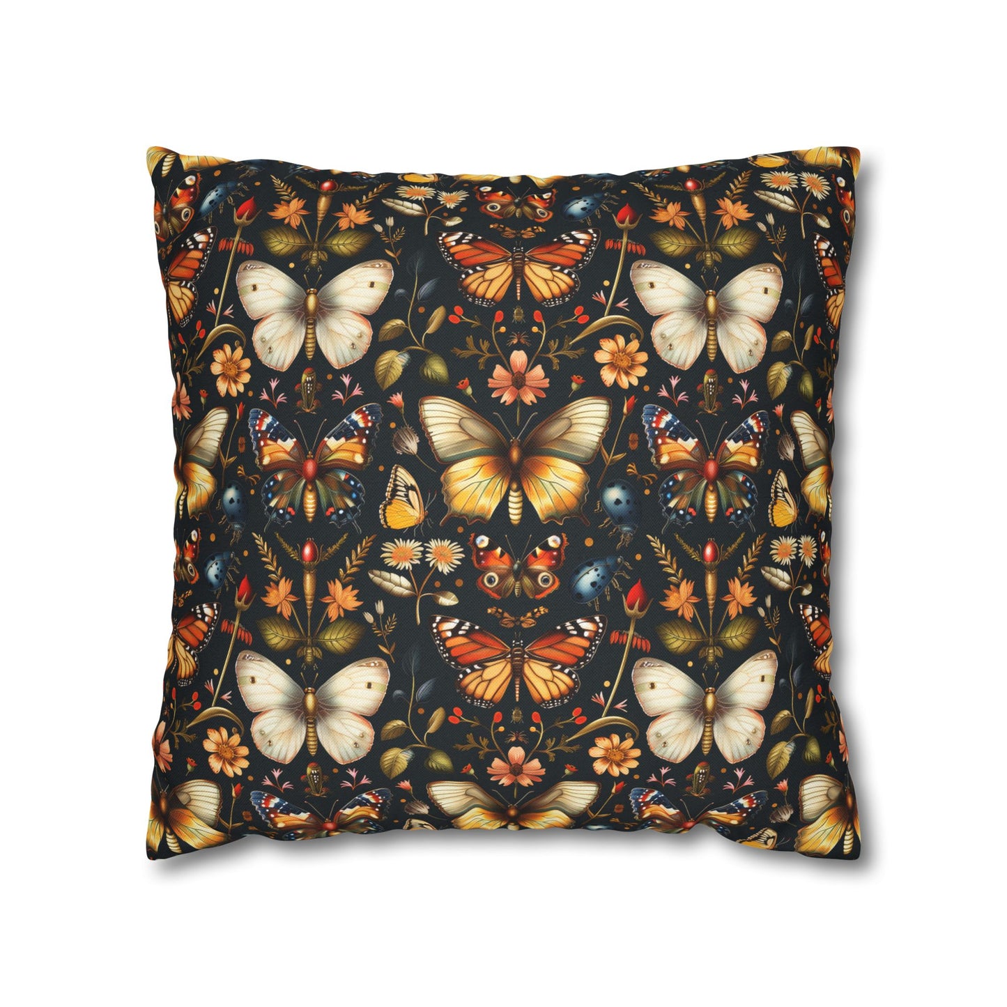 Enchanted Garden of Butterflies and Botanicals in Rich Autumn Hues on a Deep Night Background Polyester Square Pillowcase 4 Sizes