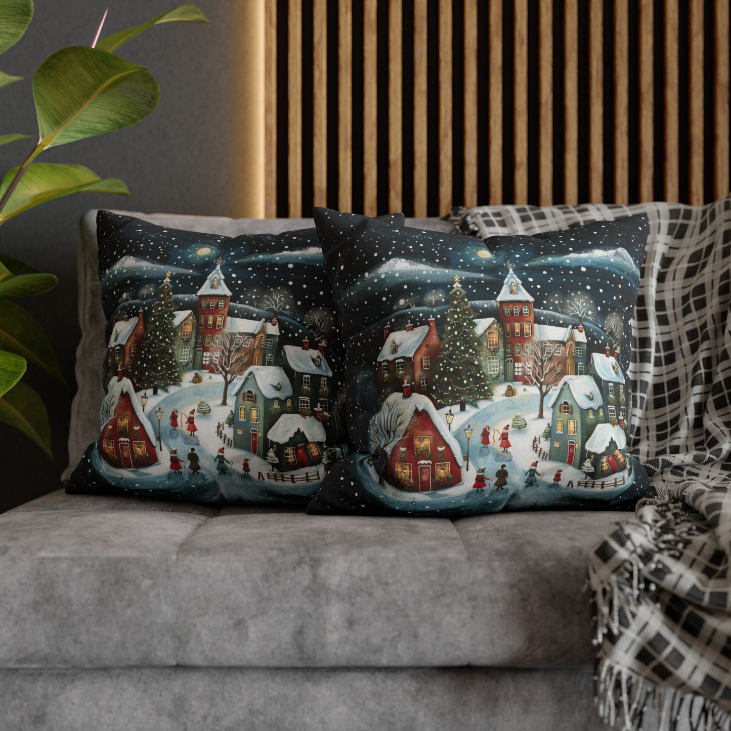 Midnight Magic: Winter Town Aglow with Christmas Decorations and Tree Spun Polyester Square Pillowcase 4 Sizes