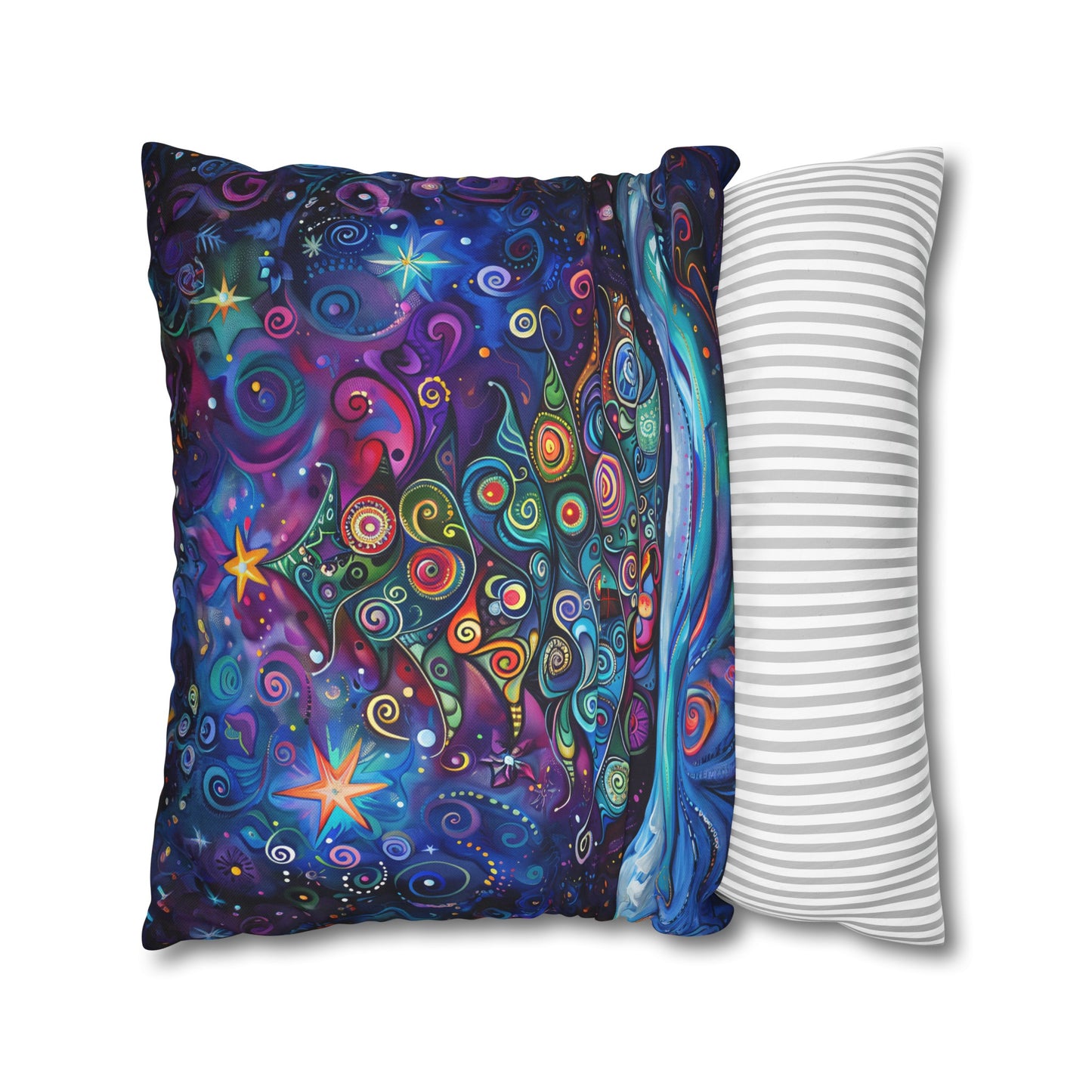 Christmas Tree in Magical Purple Hues, Sparkling Amidst Vibrant Stars Spun Polyester Square Pillowcase 4 Sizes