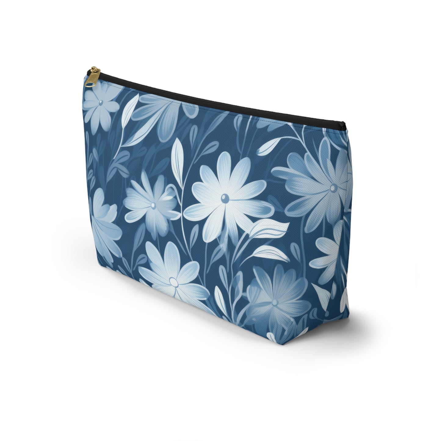 Gentle Elegance: Soft Muted Blue Flower Design  - Makeup & Accessory Bag 2 Sizes