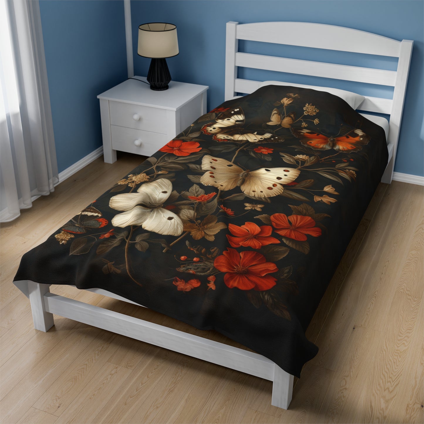 Mystical Flutter: Vintage Botanical Butterfly and Blooms  Velveteen Plush Blanket 3 Sizes