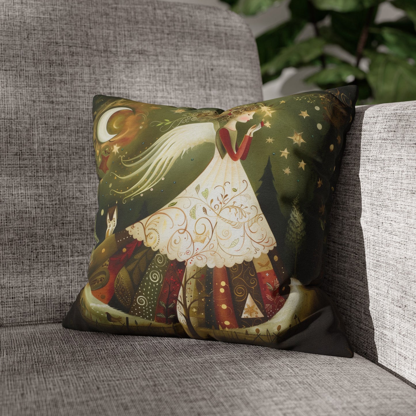 Christmas Angel in Tapestry Dress Amidst a Starlit Forest Spun Polyester Square Pillowcase 4 Sizes