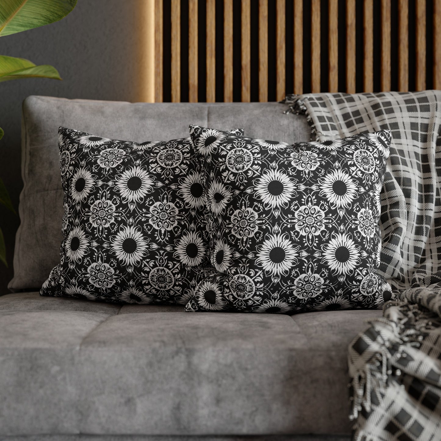 Elegant Mandala Design with Black and White Sunflowers Spun Polyester Square Pillowcase 4 Sizes