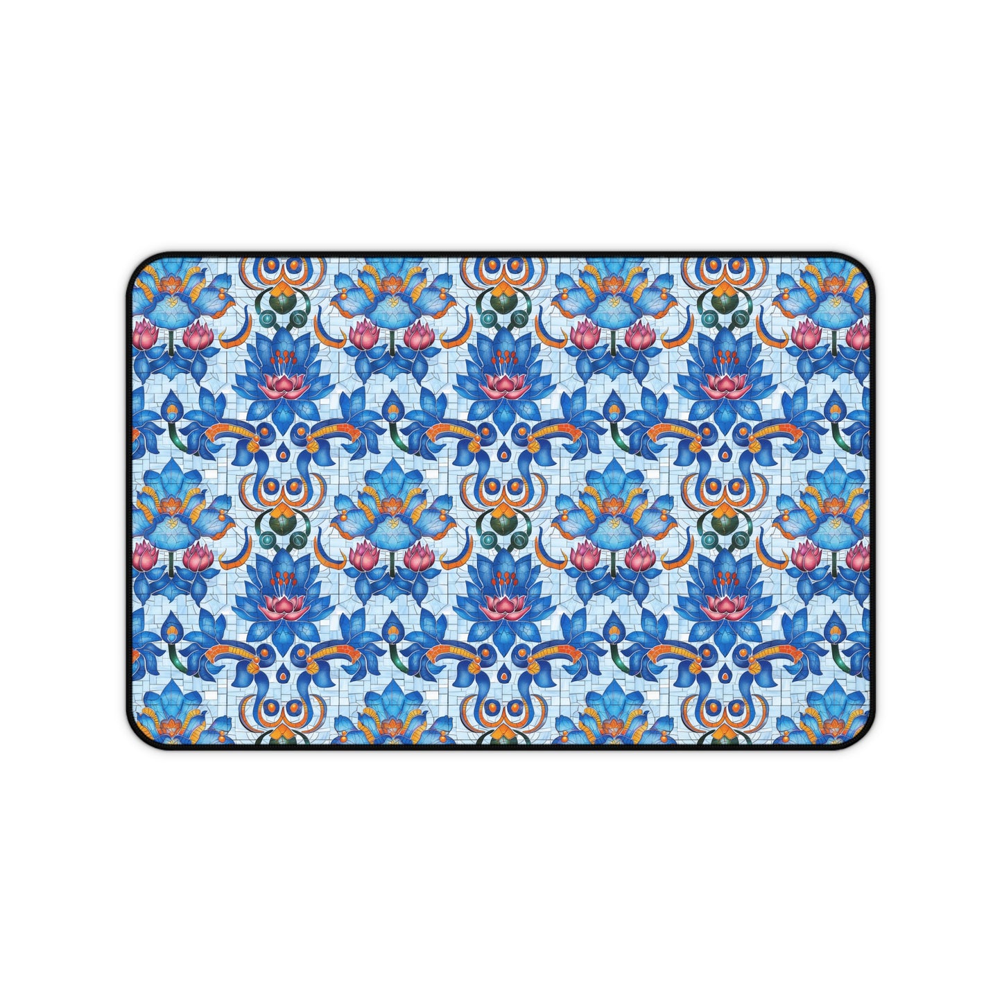 Majestic Mosaic Blossoms Vibrant Blue and Pink Floral Tile Design Extended Gaming Mouse Pad  Desk Mat  - 3 Sizes