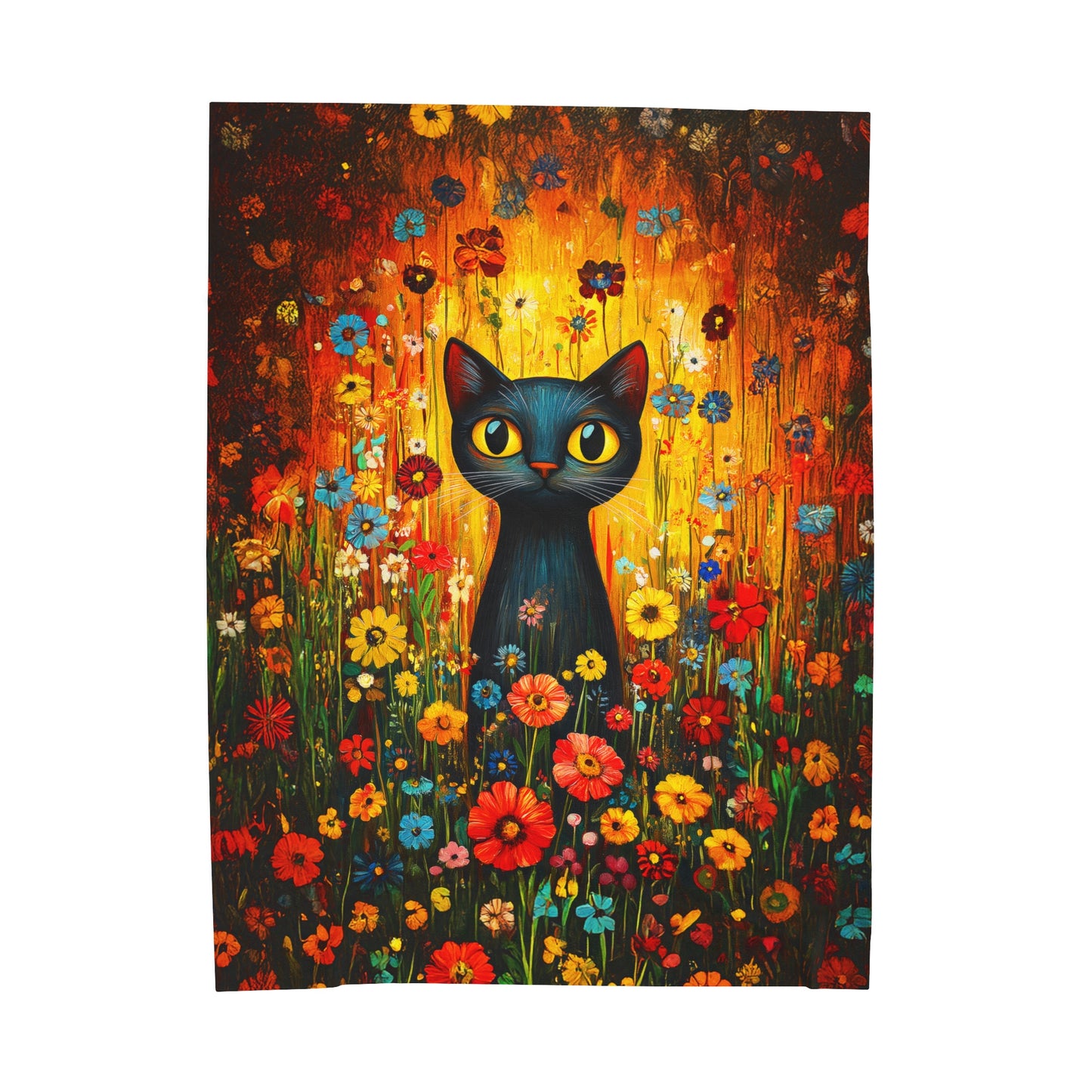 Whimsical Cat Amidst a Colorful Floral Meadow Velveteen Plush Blanket 3 Sizes